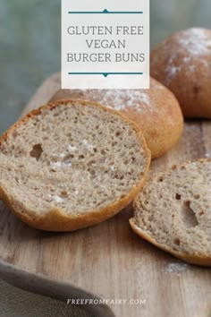 gluten free vegan burger buns on a wooden cutting board with text overlay