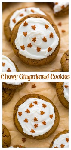 chewy gingerbread cookies with cream cheese frosting on top are shown in two different views