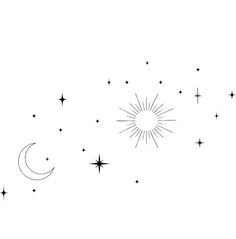 a black and white drawing of stars and the moon