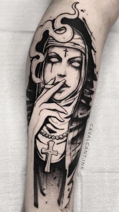 a black and white tattoo with a woman holding her hand to her mouth