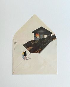 two people standing in front of an envelope with a house on fire coming out of it