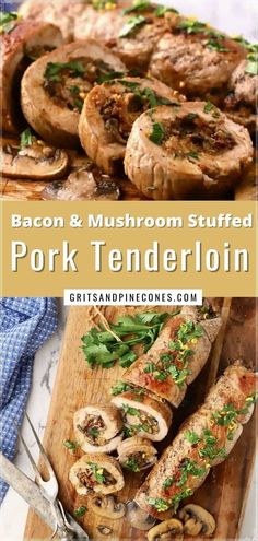 pork tenderloin on a cutting board with mushrooms and parsley