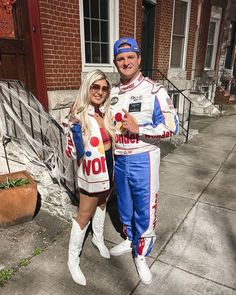 Couple costumes Ricky Bobby talladega nights Race Car Halloween Costume Couple, Talidaga Nights Halloween Costume, Racing Couple Costume, Couple Halloween Costumes Race Car, Talladega Outfit, Couples Movie Halloween Costumes, Taladaganights Couple Costume, Cars Halloween Costume Couple