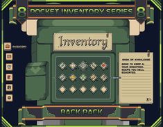 an old computer game screen with the words inventory and back pack on it's side