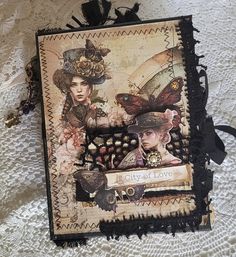 a card with an image of two women in hats and butterflies on it, sitting on a lace doily