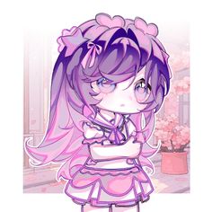 a drawing of a girl with purple hair and pink dress standing in front of flowers