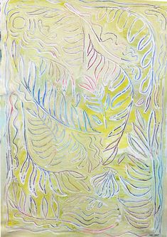 an abstract painting with leaves and lines on the bottom half of it, in pastel colors