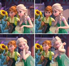 four pictures of frozen princesses with sunflowers in their hair, and one has her hand on her shoulder