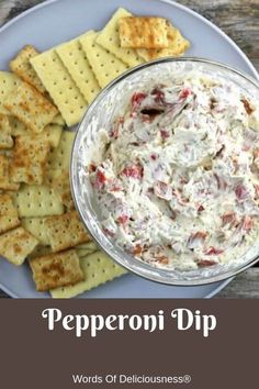 a plate with crackers and dip on it