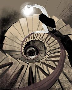 a person standing on top of a spiral staircase