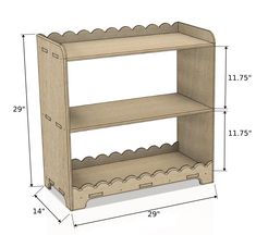 a wooden shelf with scalloped shelves and measurements for the bottom half of it