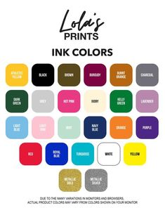 a poster with different colors and the words lotus prints ink colors on it's side