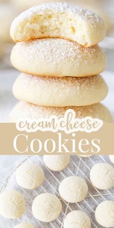 a stack of cream cheese cookies sitting on top of a cooling rack filled with powdered sugar