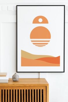 Printable modern minimalist abstract wall art with an orange sun above a desert. Orange Printable, Mid Century Modern Wall Art, Living Room Prints, Orange Walls, Orange Tones, Boho Wall Decor, Geometric Wall