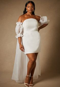 Bridal by ELOQUII Mini Dress With Puff Sleeve Cape | Eloquii Wedding Dress With Pixie Hair, Whit Dress Plus Size, Blazer Wedding Dress Plus Size, White Puff Sleeve Dress Plus Size, Plus Sized Courthouse Wedding Dress, White Court Wedding Dress In Nigeria, Bridal Shower Dress For Bride Puff Sleeve, Civil Wedding Dress Courts Plus Size, Eloquii Bridal