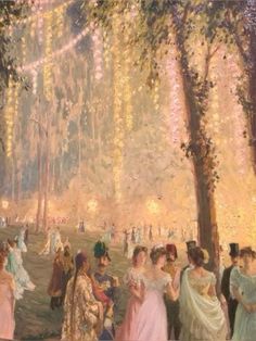 an image of a painting of people in the park with lights strung from trees above them