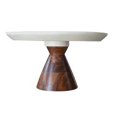 a wooden table with a white top and two brown bases on the bottom, against a white background