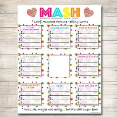 Printable Mash Game, Girls Party Game, Spa Party Beauty Party, Pamper Party Classic Sleepover Game, Printable Game of MASH, INSTANT DOWNLOAD Mash Game, Fun Sleepover Games, Sleepover Party Games, Girls Party Games, Slumber Party Games, Girl Sleepover, Sleepover Games, Pamper Party, Fun Sleepover Ideas