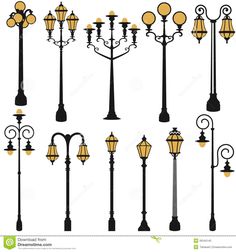 street lamp silhouettes with different lighting styles and colors, all in black and white