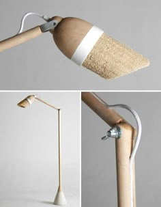 three different views of the same lamp and one is made out of wood, which has been