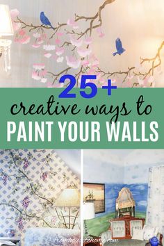 the words 25 creative ways to paint your walls in blue and pink colors with birds on it