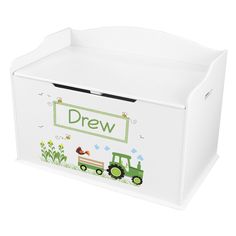 Personalized Transportation Lift Top Jewelry Box Toy Box Bench, White Toy Box, Wooden Toy Boxes, Green Tractors, Toy Box, Toy Boxes, Child's Room, Toy Chest, Baby Nursery