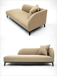 two different views of a couch with pillows on the top and bottom, one in beige