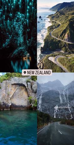 four different pictures with the words new zealand on them, and an image of mountains