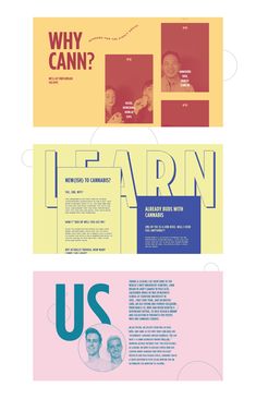 three different types of brochures with the words learn and us in blue, pink, yellow and orange