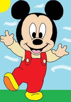 a cartoon mickey mouse with his arms out and eyes wide open, in blue overalls