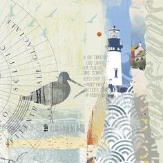 an artistic collage with lighthouse and seagull