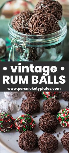 chocolate vintage rum balls with sprinkles in a glass jar on a white plate