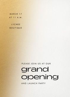 an advertisement for grand opening and lunch party with gold foil on the back wall,