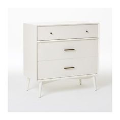 a white dresser with three drawers and two legs