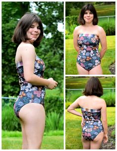 four photos of a woman in a floral swimsuit posing for the camera with her hands on her hips