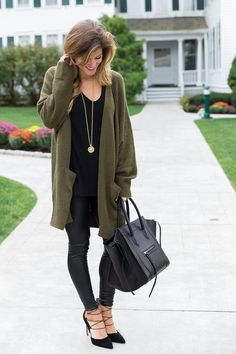 all black outfit idea, wearing all black with a long olive cardigan, liquid leather leggings winter outfit, black on black outfit, going out winter outfit, winter date night outfit, celine phantom tote, sam edelman strappy heels, winter all black outfit Olive Green Cardigan Outfit, Outerwear Outfits, Winter Cardigan Outfit, Cardigan Verde, Olive Cardigan, Olive Green Cardigan, How To Wear Ankle Boots, Look Legging