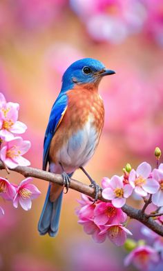 a blue bird sitting on top of a tree branch with pink flowers in the background