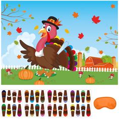 a turkey is standing in the yard with fall leaves and pumpkins around it, next to an array of crayons