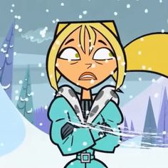 an animated image of a woman standing in the snow with her arms crossed and eyes closed