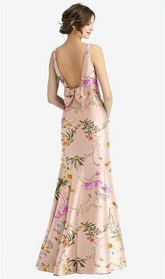 Sleeveless Floral Satin Trumpet Bridesmaid Dress With Bow At Open-back In Butterfly Botanica Pink Sand | The Dessy Group Princess Line, Trumpet Dress, Trumpet Gown, Trumpet Skirt, High Neck Sleeveless, Bateau Neckline, Pink Sand, Junior Bridesmaid Dresses, Junior Bridesmaid