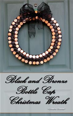 a black and brown christmas wreath on a door with the words, black and brown bottle cap christmas wreath