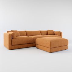 a large sectional couch with pillows on the top and bottom, sitting in front of a white background