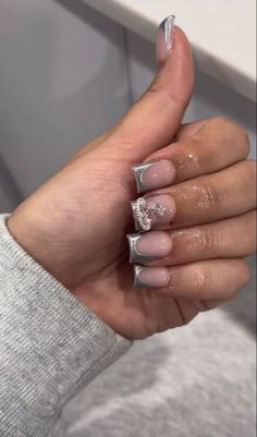 Silver Nail Inspo Acrylic, Sliver Nails, Drip Nails, French Tip Acrylic Nails, Acrylic Nails Coffin Pink, Unique Acrylic Nails