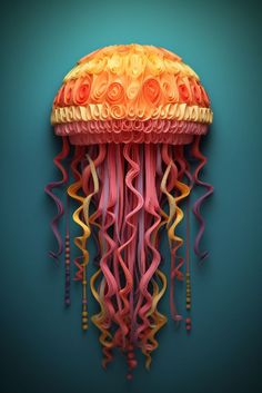 an image of a jellyfish made out of ribbons and paper machs on a blue background