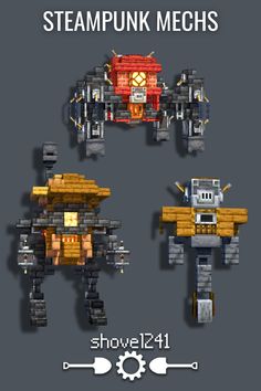 the steampunk mechs are shown in three different poses, one for each character