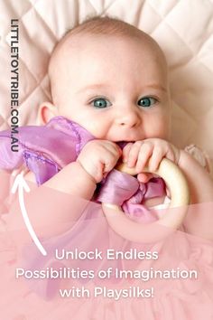 a baby chewing on a toy with the caption unlock endless possibilities of imagination with playlinks