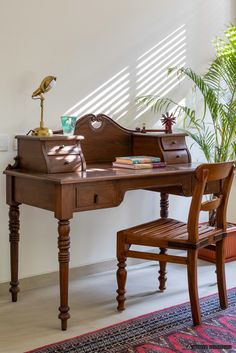 a wooden desk with a chair next to it and a potted plant in the corner