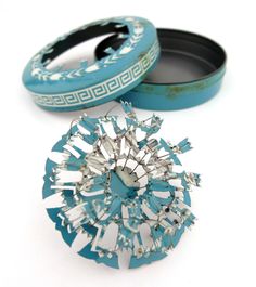 Melissa Cameron Blue Tin Set, 2011 Virtual Exhibition, Recycled Tin, Hand Saw, Recycled Jewelry, Recycled Art, Enamel Jewelry, Flower Wreath