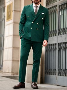 Green Striped Double Breasted Suit 2-Piece Green Long Sleeve Suits For Semi-formal Occasions, Green Fitted Long Sleeve Suit, Fitted Green Long Sleeve Suit, Semi-formal Green Long Sleeve Suits, Green Slim Fit Business Blazer, Tailored Green Semi-formal Sets, Fitted Green Sets For Workwear, Tailored Green Set With Suit Collar, Tailored Green Business Set