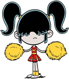 a cartoon girl with big hair holding two large yellow balls in her hands and wearing a cheerleader uniform